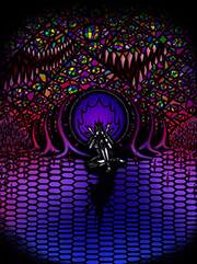 An armored paladin of the Astral Lords kneels in a cathedral, clutching his skull with instability. A wall of stained glass stands behind him, depicting a flood of peering eyes and grinning teeth.