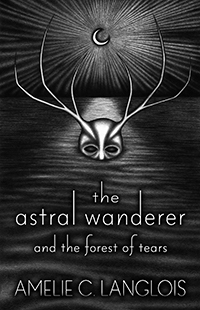 An antlered man is partly submerged beneath the waves of a limitless ocean, his mouth obscured within the depths as his black eyes watch intently. Behind him, a crescent moon glows upon the night sky.