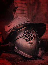 The metallic helmet of a gladiator.