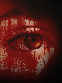 A woman's eye, her skin covered in blood.