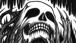 A skull surrounded by hands that are melting into the bone.