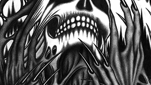 A skull surrounded by hands that are melting into the bone.