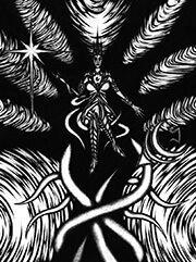 An armored woman sits upon a throne of writhing tentacles, her eyes glowing with a fiery red as she grins with malice. Reality splits open behind her in the shape of a tree. Her right gauntlet is raised to a symbol of the sun, while her left is outstretched to a symbol of the moon.